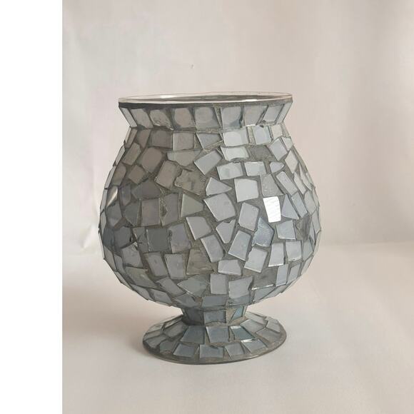 Vintage Mosaic Glass Pedestal Vase CandleHolder 8” tall Silvery Gray - Picture 3 of 7